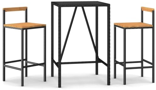 Qnhdfrt Juego de bar de jardín de 3 piezas, color negro, polirratán, mesa de bar con 2 sillas de bar de madera maciza de acacia y tablero de cristal duro, mesa alta para terraza, jardín y balcón