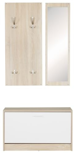 Wohnling Wandgarderobe Salerno Sonoma mit Spiegel und Schuhschrank | Kompaktgarderobe für Jacken und Schuhe, Garderobenset zeitlos, Flurgarderobe mit geschlossener Rückwand