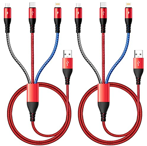 Cable de Carga Múltiples 4.5A 2 Paquetes de Cable de Carga Rápida Múltiples de 1,2m Tipo de Puerto C/Lightning/Micro USB Conector Teléfonos Móviles
