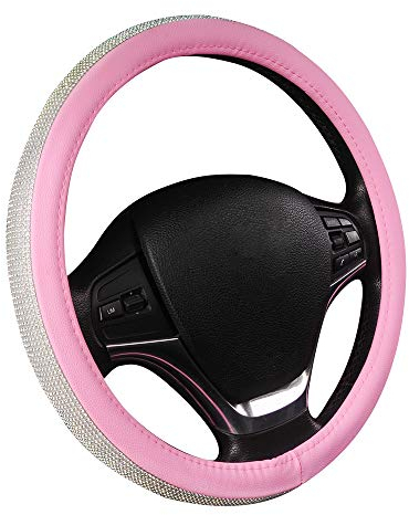 TOYOUN Auto Lenkradbezug Glitzer Lenkradhülle mit Strass Universal 37-38 cm für Frauen Bling-Bling Lenkradhüllen Lenkradschutz Auto in Leder Rosa