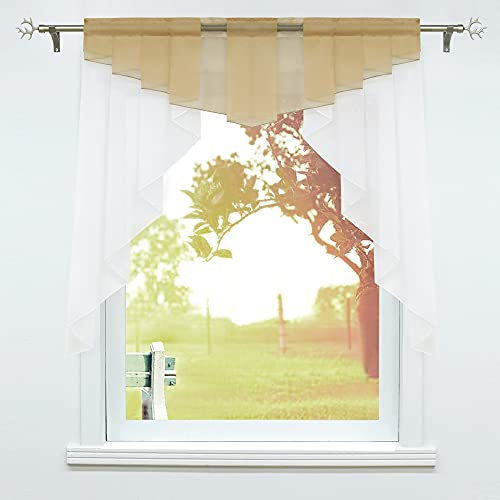 SCHOAL Scheibengardinen Küche Kleinfenster Gardinen mit Kräuselband oder Tunnelzug Bistrogardinen Voile Transparente Kurzgardinen Modern 1 Stück BxH 140x145cm Sand
