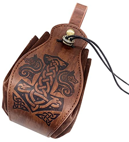 HiiFeuer Mittelalter Kunstleder Tasche, Tragbare Kordelzug Geldbörse, Vintage Gürteltasche Würfeltasche Für LARP Ren Faire (Mjolnir Braun)