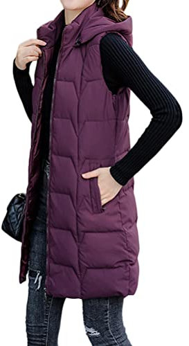 ORANDESIGNE Donna Smanicato Piumino Senza Maniche con Zip con Cappuccio Piumino Lungo Giacca Invernale Caldo Gilet Antivento Cappotto Esterno Parka H Viola XL