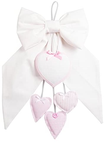 Filet - Fiocco Nascita Bianco con Cuoricini Pendenti Rosa e Cuore in Tela Aida da Ricamare, Cotone, Ideale da Appendere per Annunciare la Nascita di una Bambina, Made in Italy, Rosa