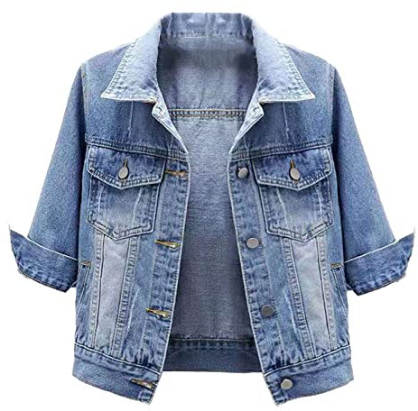 iEFiEL Women Autumn 3/4 Sleeve Retro Short Denim Jackets Button Down Jean Coats Light Blue XXL
