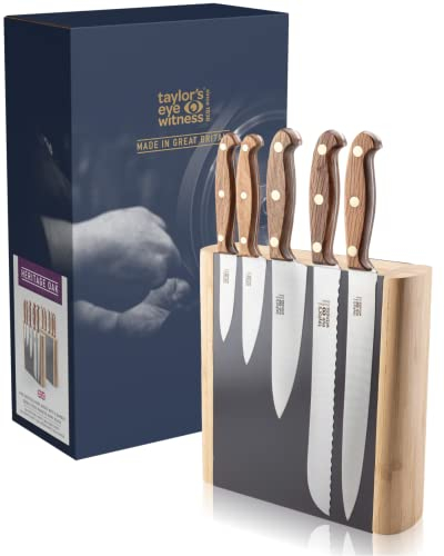 Professional Magnetic Block Knife Set - Full Tang, Triple Brass Rivet, High Carbon Steel. UK Made Chef’s Knife, Carving Knife, Bread Knife, Cooks Knife, Vegetable Knife. Solid Wood Handles And Holder.