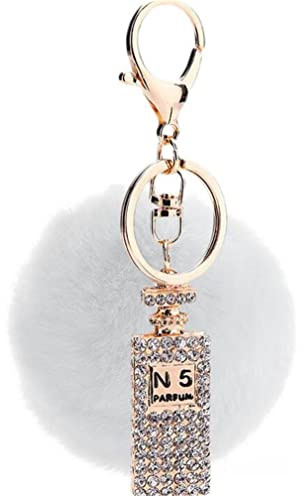 Canarea Schlüsselanhänger Pompons Plüsch Flauschige Taschenanhänger, Faux Kaninchen Pelz Plüschball mit Mini-Parfüm Strass Dekor Kugel bommel Keychain Ring für Handtasche Schlüssel AutoSchlüssel