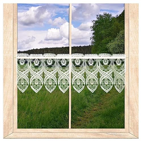 atelier alles-Spitze Ansprechende Spitzen-Scheibengardine Bella in weiß | Kleiner Kurzstore aus Vogtländischer Luftspitzen-Stickerei mit Fantasiemuster | Höhe x Breite: 20 x 80 cm