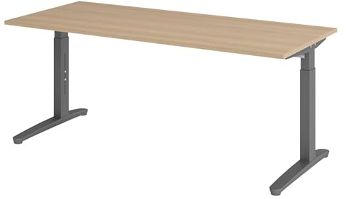 bümö manuell höhenverstellbarer Schreibtisch 180x80 in Eiche, Gestell in Graphit - PC Tisch höhenverstellbar & groß, höhenverstellbarer Tisch Büro, großer Computertisch verstellbar
