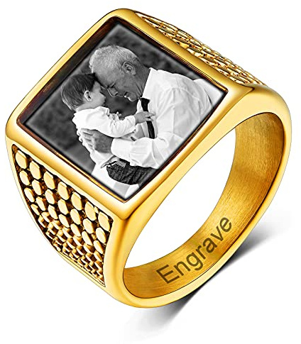 Custom4U Personalisierter Siegelring Herren Edelstahl mit Farbbild/Schwarzes Bild Gravur Memorial Männer Jungen Ehering Verlobungsring Silber/Schwarz/Gold Ringgröße 54.4(17.25)-72.3(22.75)
