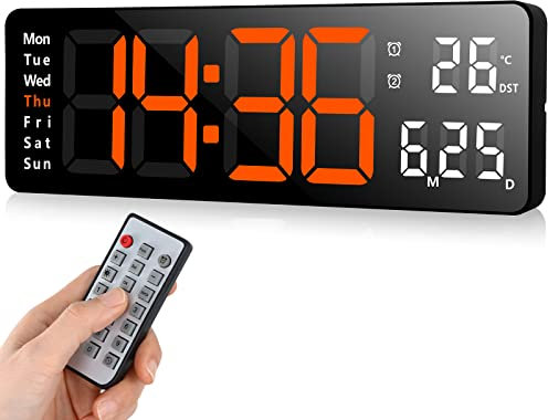Fuloon Digital Wall Clock, 13 inch Large Display Digital Alarm Clock, Adjustable Brightness LED Digital Clock w/ Remote Control, Countdown Large Clock w/ Date, Week, Temperature, Corded Power, Orange