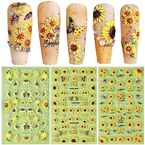 3 Sheets 5D Sunflowers Nail Stickers Summer Embossed Self-Adhesive Decals Sunflower Design Manicure Tips DIY Nail Art Decorations for Women Girls
