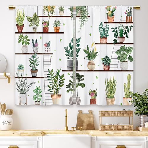 Laifzere Boho-Blumen-Küchenvorhänge, grüne Pflanze, kleine kurze Café-Fenstervorhänge, Kaktus, Cottagecore, Bauernhaus, Landhaus, Badezimmer, Fenstervorhänge, Behandlungsstufen, Vorhänge, 2 Paneele