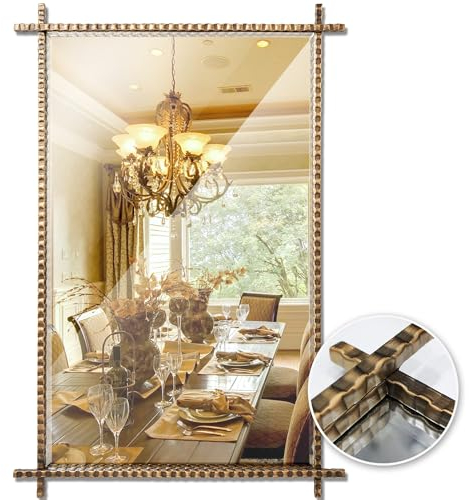 JNFUZ 61 x 91,4 cm Badezimmer-Schminkspiegel, luxuriöser, handgefertigter Eisenrahmen, Wandspiegel für Schlafzimmer, Flur, Industrie und Retro-Raum, Make-up-Spiegel, 1,5 cm abgeschrägte Kante, antike