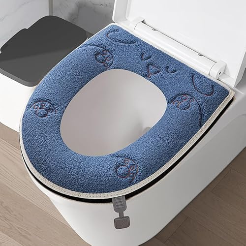 3 Stück Toilettensitzbezug WC Wärmer Pad,Cartoon Wc sitzbezug Warm WC Sitzbezüge Dicker Waschbares Toilettensitzkissen Plüsch Toilettensitzbezüge für Badezimmer,Weich und Warm,Waschbar -Hund Blau