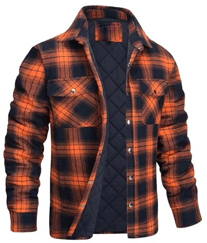 ZDJSWJ Hommes revers Sherpa doublure chemise veste Plaid bouton Outdoor chemise veste Flannel fleece manteau coupe-vent hiver (Couleur Orange,3XL)