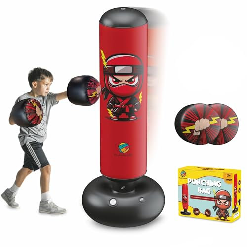 Sacco da Boxe Bambino 160CM - Punching Ball per Bambini + Pompa Elettrica + Guanti da Boxe Gonfiabili - 3 a 10 Anni - Gioco da Esterno e Interno - Sacco da Boxe con Base (Sans pompe)