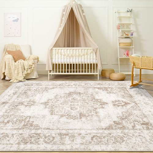 Zomfy Vintage-Teppich, 10 x 15 cm, waschbar, Medaillon-Muster, niedriger Flor, rutschfest, schmutzabweisend, Retro-Akzent für Wohnzimmer, Schlafzimmer, Küche, Esstisch, Heimbüro (Beige, 4'x6')