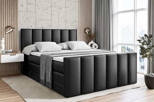 ALTDECOR Boxspringbett mit Matratze und Lattenrost, Topper, Fußteil,Polsterbett mit Bettkasten, Bett mit Stauraum H3- und H4- Matratze, Doppelbett -BOXI1-Z King - 140x200 - Schwarz Kunstleder