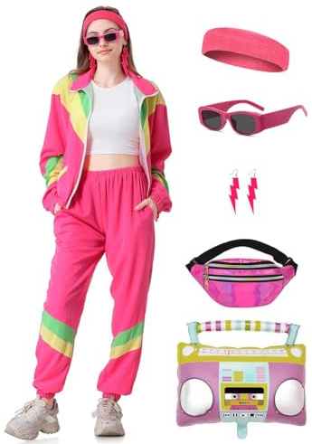 Coseaon 80er 90er Jahre Outfit Damen Trainingsanzug Jacke Hose Anzug 80er Retro Kleidung Accessoire 80s Kostüm Halloween Karneval Party (Rosa, 3XL)