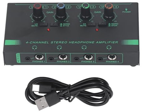 Annadue 4 Channel Headphone Splitter, Quad Headphone Distribution Amplifier, Mono Stereo Switching Mini Signal Splitter Mic for Microphone Instruments.