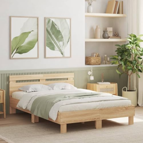 Faroom Holzbett Futonbett Bett 135x190 cm mit Lattenrost & Kopfteil, Bettrahmen Holzwerkstoff Einzelbett Doppelbett Bettgestell Sonoma-Eiche