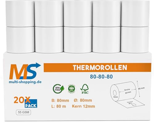 Kassenrollen/Thermorollen/Bonrollen 80mm x 80m x 12mm Bpa frei 55g/ für alle gängigen Thermo Kassen-Bondrucker B: 80mm x L: 80m Ø80mm (20)
