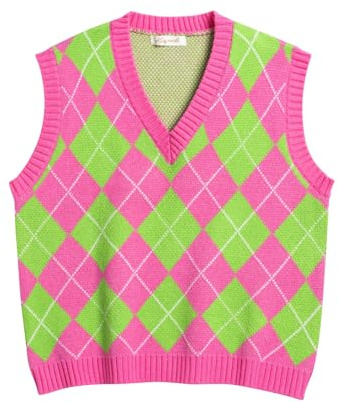 Hyipels Y2K Pull sans manches pour femme Style Preppy Style Crop Débardeur pour fille, Argyle2 Rose vif + vert, Taille XL