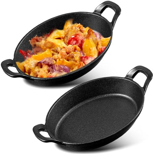 Mifoci 2 Stück ovale Servierschale, Mini-Gusseisen-Pfanne, Gusseisen, Backform, brutzelnde Platte, mattschwarz, Grillgeschirr für Zuhause, Restaurant, Küche, Gastronomie, Grill (27,7 x 15,5 cm)