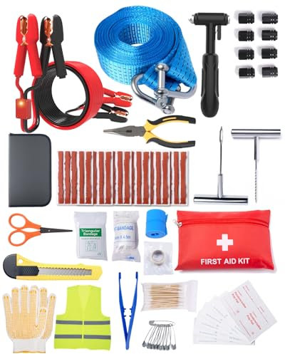 YANTU Jumper Cables for Car,110-Piece Ultimate Auto Emergency Kit,Includes Roadside Assistance,Car Safety Hammer, Tow Straps,Tire Repair,First Aid | Perfect Winter & Cold Weather Gear for Men/Women