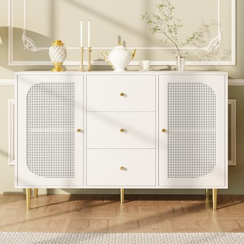 Merax Sideboard mit 2 Türen, 3 Schubladen, Kommode Anrichte Buffetschrank Beistellschrank Rattan-Holzschränke, Gold Griffen und Füßen, für Esszimmer und Wohnzimmer, 120 x 40 x 90 cm/Weiß