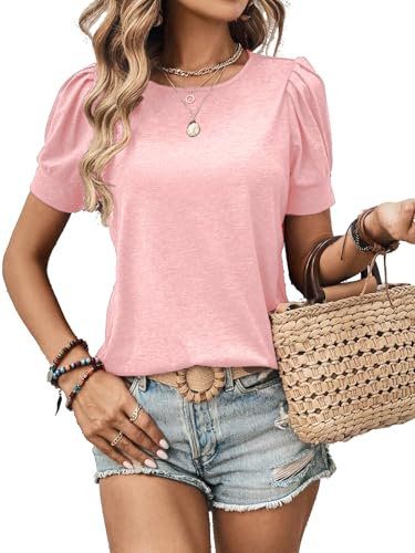 Zeagoo T-Shirt Femme T-Shirt à Manches Ballon Élégant Col Rond Basique Décontracté Uni pour Été 2025 Haut Simple Tendance Casual pour Sortie Quotidienne Rose Clair XXL
