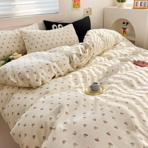 Covebett Bettwäsche 200x200 Herzen Beige Braun Herz Herzchen Microfaser Bettwäsche Set 3teilig Aesthetic Elegant Weich Mädchen Bettbezug und 2 Kissenbezug 80x80 cm mit Reißverschluss