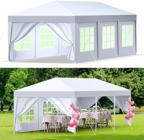 Pavillon 3x9m,Gartenpavillon mit Seitenteilen und Fenstern,Partyzelt,UV Schutz 50+,Stabil,Windschutz,Wasserdicht,Gartenzelt für Markt,Festival,Camping,Hochzeiten,27 ㎡，Weiß