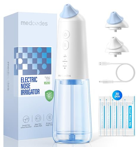 Medcodes Nasendusche Set Nasales Bewässerungssystem, Elektrisch Nasenspülmaschine, Nasenspülkanne zur Nasenreinigung und Nasenspülung bei Erkältung und Allergie, 30x Nasenspülsalz