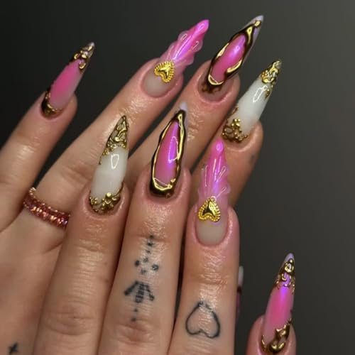MouyouGlow Press on Nails Lang,Stiletto Nude Gradient Rosa 3D Gold Chrome Design Striped French Herz Y2K Fake Nails mit Nagelkleber,Ombre Pink Irregular Line Sommer Shell Künstliche Fingernägel