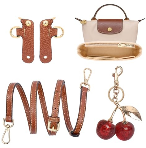 Gastinsave Leder Schultergurt für Longchonp Mini Tasche Damen | Längenverstellbarer Ersatzriemen & Filz Organizer mit & Kirschblüten-Taschenanhänger | Ohne Punsch | Passend für Mini Größe, Tote Bag