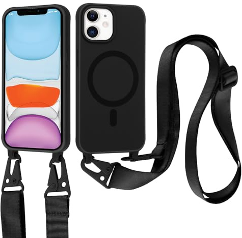 Jrkvniv Coque pour iPhone 11 avec Cordon, Compatible with MagSafe, Silicone Housse avec Lanyard Réglable Collier, Antichoc Bandoulière Portable Lanière Protection Case pour iPhone 11 6,1, Noir