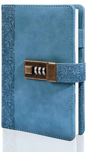 CAGIE Notizbuch A6 Ringbuch Tagebuch mit Schloss: Ringbuch Nachfüllbar Notizbuch Leder Budget Planner Passwort Buch Loses Blatt Diary Tagebuch für Erwachsene, Blau