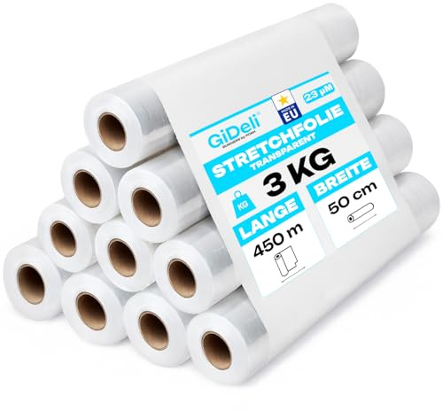 GiDeli Lot de 10 rouleaux de film étirable transparent - 450 m / 50 cm - Matériau d'emballage sur rouleaux - Film pour meubles - Film pour déménagement