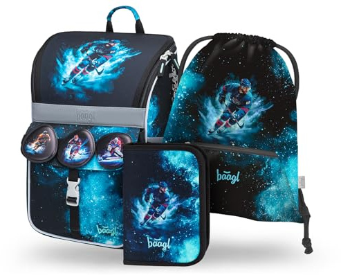 Baagl Schulranzen Jungen Set 3 Teilig Schultasche Zippy 18 l - Eishockey | Ergonomischer Schulrucksack und Grundschule Ranzen Tornister mit Brustgurt für 1. Klasse, Mäppchen und Turnbeutel Set.