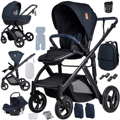 4 in 1 Kinderwagen Blau, Aluminiumrahmen, höhenverstellbarer Griff | Weiche Polsterung für erholsamen Schlaf. Stabiler Aluminiumrahmen und flexibler Schiebegriff