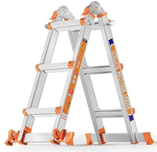 3-Stufen-Mehrzweckleiter, 3,35 m Ausziehleiter aus Aluminium mit Stabilisatorstange & Rädern, 150 kg Tragfähigkeit, Sicherheits-A-Rahmen-Leiter für Treppen, Haus Innen- und Außenbereich, Dach