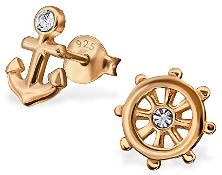 Bungsa Anker & Steuerrad Ohrstecker rosegold aus .925 ECHTSILBER (Ohrringe Echtschmuck Studs Ohrschmuck Damen Frauen Herren)