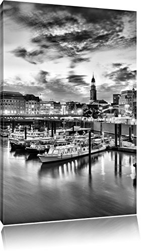Pixxprint Monocrome, Hamburger Hafen am Abend, Größe: 60x40cm, Leinwandbild, fertig gespannt, Wandbild, Dekoration, Kunstdruck, kein Poster