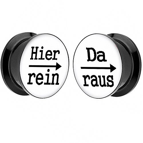 Piersando 1 Paar 2er Set Ohr Plug Piercing Kunststoff Flesh Tunnel Ohrplug mit Hier rein Da Raus Spruch Schwarz Motiv Comic Picture Weiß 18mm