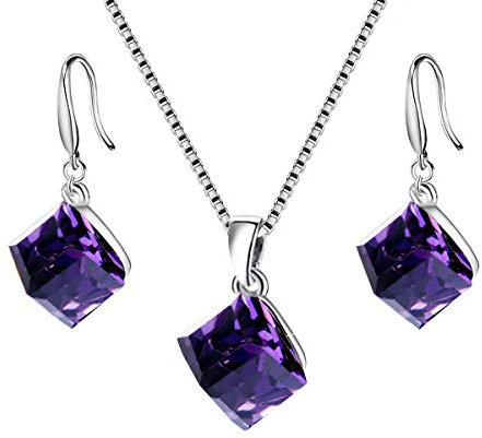 Uloveido Frauen 925 Sterling Silber Quadratischer Würfel Authentische Österreichische Lila Kristall Durchbohrte Ohrringe Halskette Set (Box Verpackung) Y418-Lila-Set
