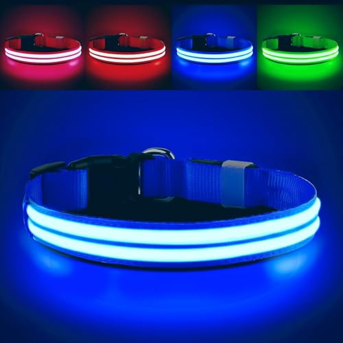 PcEoTllar Rechargeable LED Dog Collar, Waterproof, Blue S | Safety Light for Night, has 7 flash modes. Perfect for night walks, running, camping. USB rechargeable, 8-10hrs.