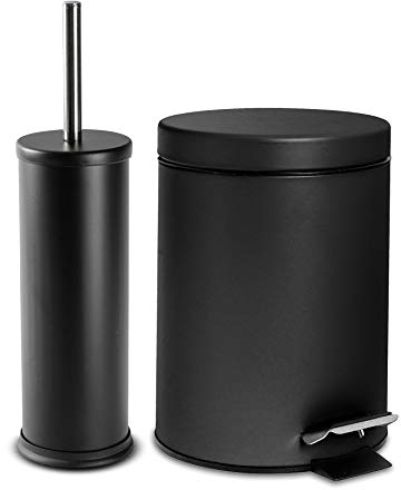 Harbour Housewares 3L Bathroom Bin & Brush Set - Matte Black - 2pc Round Stainless Steel Pedal Bin & Toilet Brush Set Slim Small Trashcan for Kitchen Waste, Bathroom Rubbish