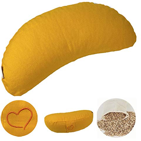 maylow Yoga mit Herz® Hochwertiges Yogakissen Shivaya Halbmond Bezug waschbar Innenkissen gefüllt mit Bio-Dinkelspelzen (gelb)